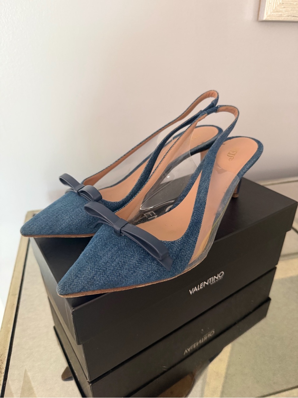 Valentino Denim Pointed Slingback Pumps with Navy Bow